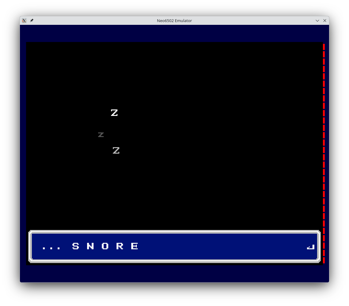 Neo6502 sleep cutscene with the snore text stuck at E