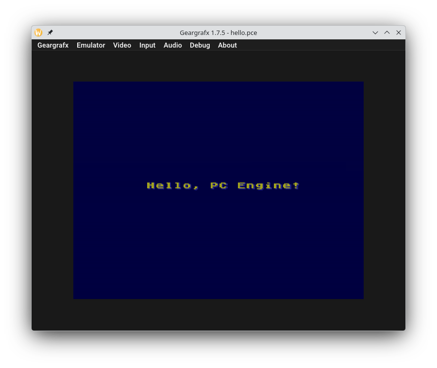 Hello, PC Engine — yellow text on a dark blue background, rendered by Geargrafx